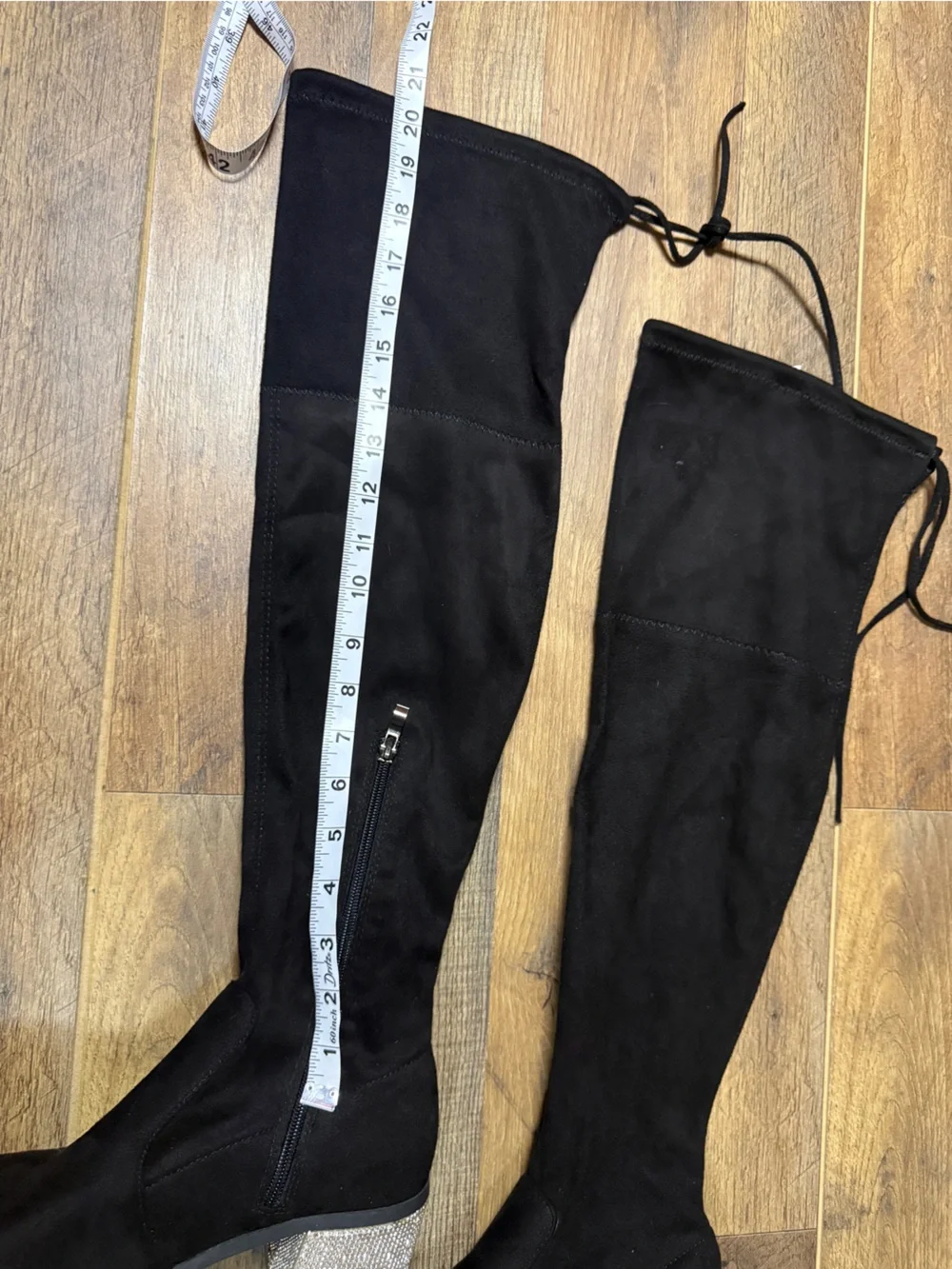 Black Suede Rhinestone Block Heel Over The Knee Boots Sz 7.5